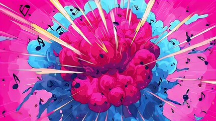 A vibrant digital illustration depicts an explosion of pink and blue, radiating lines with musical notes. Abstract, stylized - Powered by Adobe