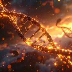 A luminous, glowing spiral structure with a double helix form, against a background of clouds and a fiery glow