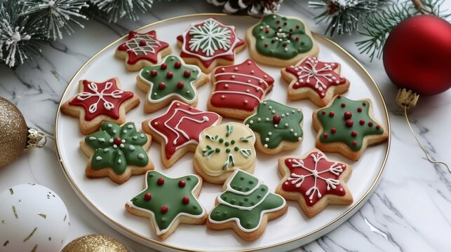 Festive flat lay of decorative christmas cookies with icing and colorful sprinkles on a plate