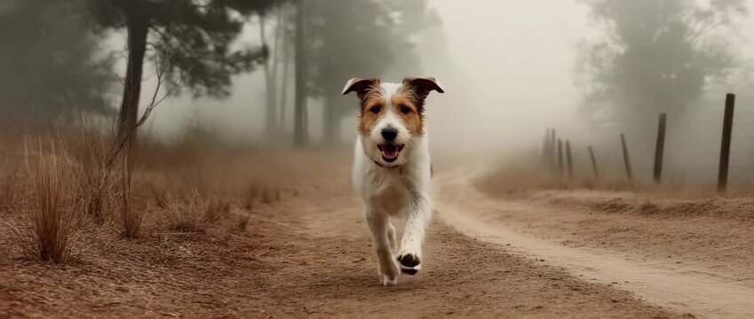 In the foggy foothills, the owner follows the lost dog as it races along an empty route.  A lost terrier ignores calls as a missing dog trots down a remote road.