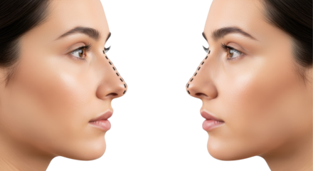 Profile view of a woman's nose marked with dotted lines showing symmetry and beauty enhancement 101 characters transparent background