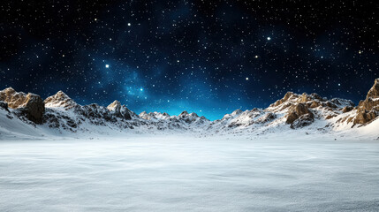Snowy mountain valley under starry turquoise night sky with calm serene atmosphere
