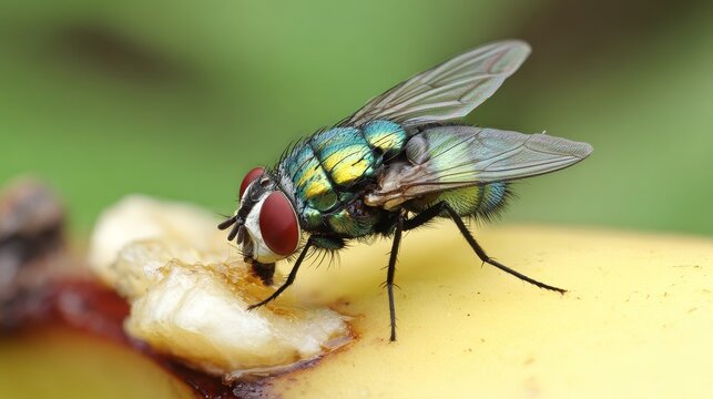 Colorful green housefly using its labellum to feed on soft banana flesh, showing detailed macro view of insect anatomy, natural behavior, and close-up texture on ripe fruit in a vivid outdoor setting