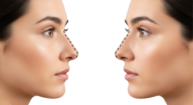 Profile view of a woman's nose marked with dotted lines showing symmetry and beauty enhancement 101 characters transparent background