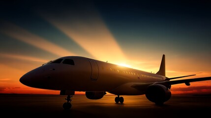 Obraz premium Silhouette of a passenger airplane flying at daybreak with warm morning glow, soft sky gradients, peaceful horizon colors, and a calm travel mood highlighting early dawn aviation scenery