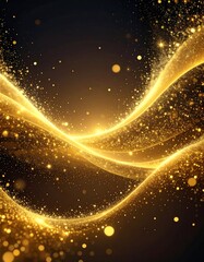 A mesmerizing digital artwork features flowing, golden waves of sparkling particles against a dark, radiant background. The light is diffused