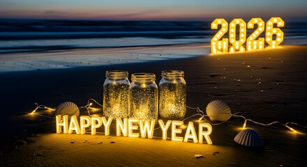 Beach new year celebration with glowing 2026 and happy new year message