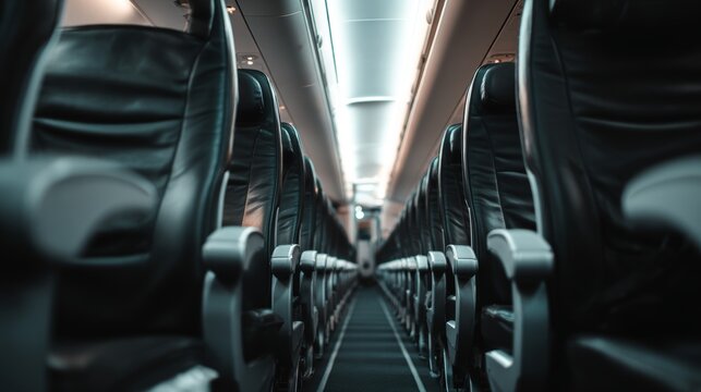 Empty airplane cabin with rows of vacant seats and aisle, interior of modern passenger plane with clean layout, comfortable seating arrangement, travel aviation concept, quiet and spacious environment - Powered by Adobe