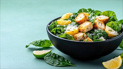 A close-up of a fresh Caesar salad in a black bowl, featuring crisp lettuce, golden croutons, and bright lemon wedges.