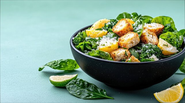 A close-up of a fresh Caesar salad in a black bowl, featuring crisp lettuce, golden croutons, and bright lemon wedges.