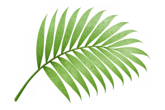 Palm frond with water drops, a fresh green leaf element for tropical nature design on transparent background