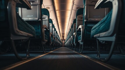 Empty airplane cabin with rows of vacant seats and aisle, interior of modern passenger plane with clean layout, comfortable seating arrangement, travel aviation concept, quiet and spacious environment