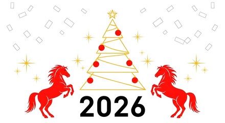 Elegant 2026 new year illustration with horses and christmas tree