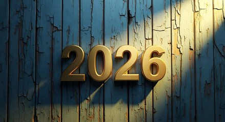 Golden 2026 new year on weathered blue wood with dramatic lighting