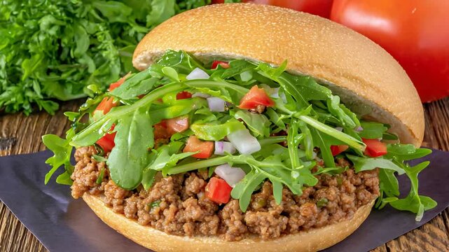Delicious Sloppy Joe Sandwich Overflowing with Fresh Greens and Tomatoes.