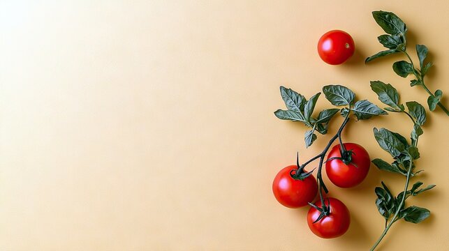 A cluster of ripe red cherry tomatoes on a vine with green leaves is arranged diagonally on a plain, light peach background. - Powered by Adobe