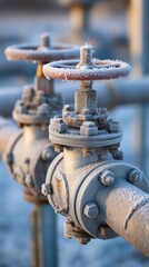 Industrial Valves: Frozen industrial valves, coated with frost, showcasing the strength and resilience of industrial infrastructure.