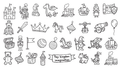Large set of hand-drawn outline icons featuring fantasy and classic children's toys: castles, knights, royalty, trains, ships, and animals. Doodle vector collection for imagination and play.