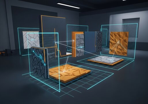 Digital display of textured material samples in a futuristic laboratory setting
