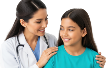 Smiling doctor gently touches young patient's shoulder showing care and comfort Child Medical Healthcare transparent background