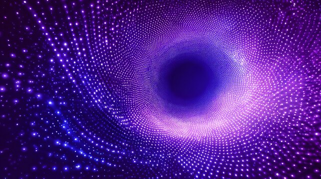 Futuristic purple tunnel with glowing dots forming a deep vortex, abstract sci-fi corridor with neon lights, immersive digital design, modern technology concept, dynamic perspective and vibrant energy