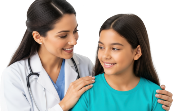 Smiling doctor gently touches young patient's shoulder showing care and comfort Child Medical Healthcare transparent background - Powered by Adobe