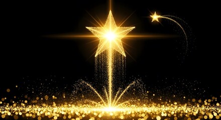 Golden star ascending with sparkling trail on black background