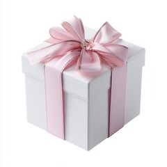 Gift Box: The focus is on a elegantly wrapped gift box, featuring a pristine white exterior complemented by a delicate pink ribbon and bow. This image exudes an aura of thoughtfulness and celebration.