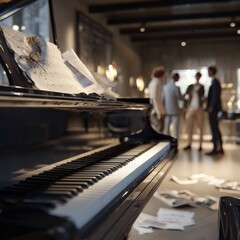 Musical Gathering: A grand piano, center stage, commands attention, its keys and sheet music poised for a performance while, in the blurry background, a group engages in animated conversation.