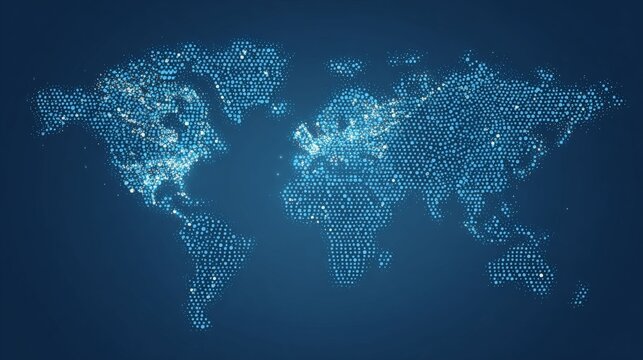 Digital World Map: An illuminated digital world map, with each point of light representing a city or network hub, glows against a dark blue background.