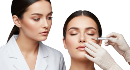 Woman receiving facial cosmetic injection from medical professional in white coat with another woman observing transparent background