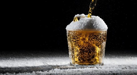 Golden beer pouring into a glass with frothy head on a snowy surface