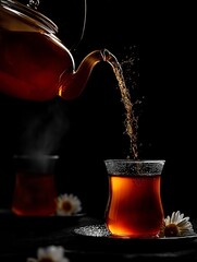 Tea Ritual: A captivating still life captures the art of pouring tea. The clear glass teapot and elegant cups are silhouetted against a dark background, the cascade of tea.