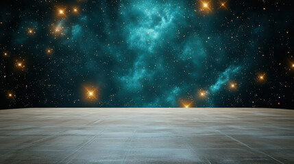 Space stage with turquoise nebula and golden starfield, serene cosmic backdrop