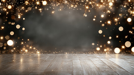 Golden bokeh sparkle stage wooden floor festive celebration glow