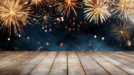 Wooden floor foreground with golden fireworks burst and bokeh glow celebration night sky