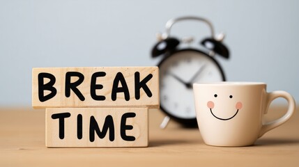 Break Time Delight: A moment of tranquility captured with wooden blocks spelling BREAK TIME, a charming coffee cup adorned with a smiley face, and a classic alarm clock, signifying pause, refreshment.