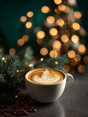 Festive Latte Art Delight: A warm cup of artfully crafted latte, a visual poem, rests amidst a blurred backdrop of sparkling lights and holiday cheer. Perfect for a cozy festive scene.