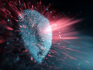 Fingerprint Analysis: A captivating visual representation of biometric security, featuring a detailed fingerprint illuminated with vibrant blue and red tones, suggesting data flow and security.