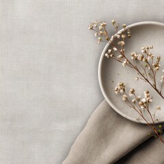 Minimalist Culinary Display: An elegant composition features a pristine ceramic plate, delicately adorned with sprigs of tiny white flowers, set upon a neutral-toned linen cloth.