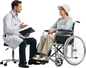 Doctor consulting with elderly woman in wheelchair Doctor holds clipboard Woman wears hat isolate consultation