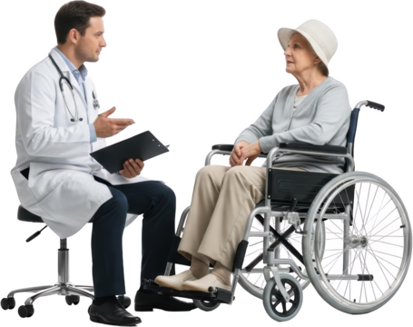 Doctor consulting with elderly woman in wheelchair Doctor holds clipboard Woman wears hat isolate consultation - Powered by Adobe