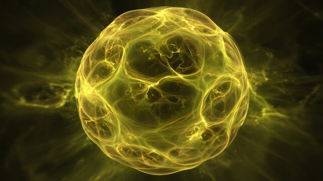 Intense green-yellow plasma sphere with glowing molten textures, radiant cosmic light burst, abstract energy concept, futuristic glowing orb, vibrant sci-fi pattern, dynamic science visualization