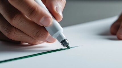 Ink on Paper: A close-up showcases a hand meticulously tracing a line with a marker on a sheet of paper. Highlighting the precision and the creation of form and design.