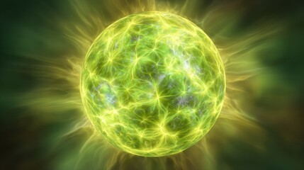 Intense green-yellow plasma sphere with glowing molten textures, radiant cosmic light burst, abstract energy concept, futuristic glowing orb, vibrant sci-fi pattern, dynamic science visualization