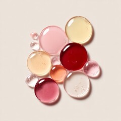 Colorful Liquid Droplets: An array of vibrant, translucent droplets in a spectrum of hues, artfully arranged on a smooth surface, creating a visual symphony of color, texture, and light reflection.