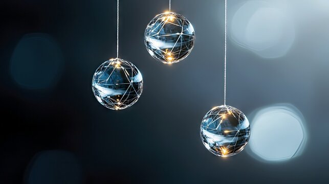 Three spherical glass ornaments with intricate geometric patterns and warm internal lights hang suspended against a dark, blurred background with soft bokeh.