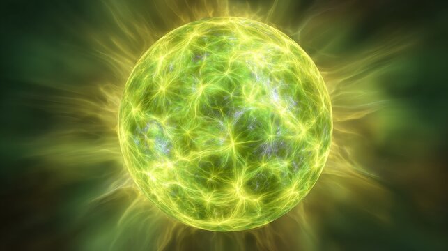 Intense green-yellow plasma sphere with glowing molten textures, radiant cosmic light burst, abstract energy concept, futuristic glowing orb, vibrant sci-fi pattern, dynamic science visualization