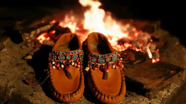 Authentic Native American Moccasins by a Warm Campfire at Night.