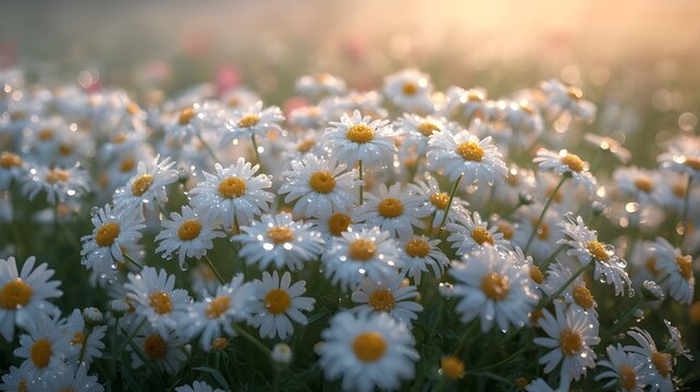 Close-up of a serene daisy field with fresh dewdrops on white petals, bathed in warm, golden morning sunlight